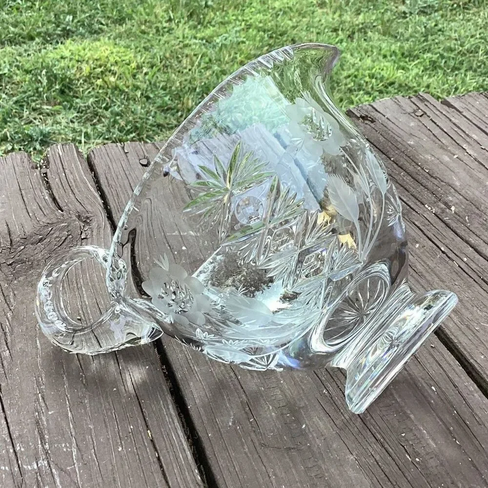 Vintage Crystal Glass Pitcher Creamer Etched‎ Floral Footed Handle HEAVY